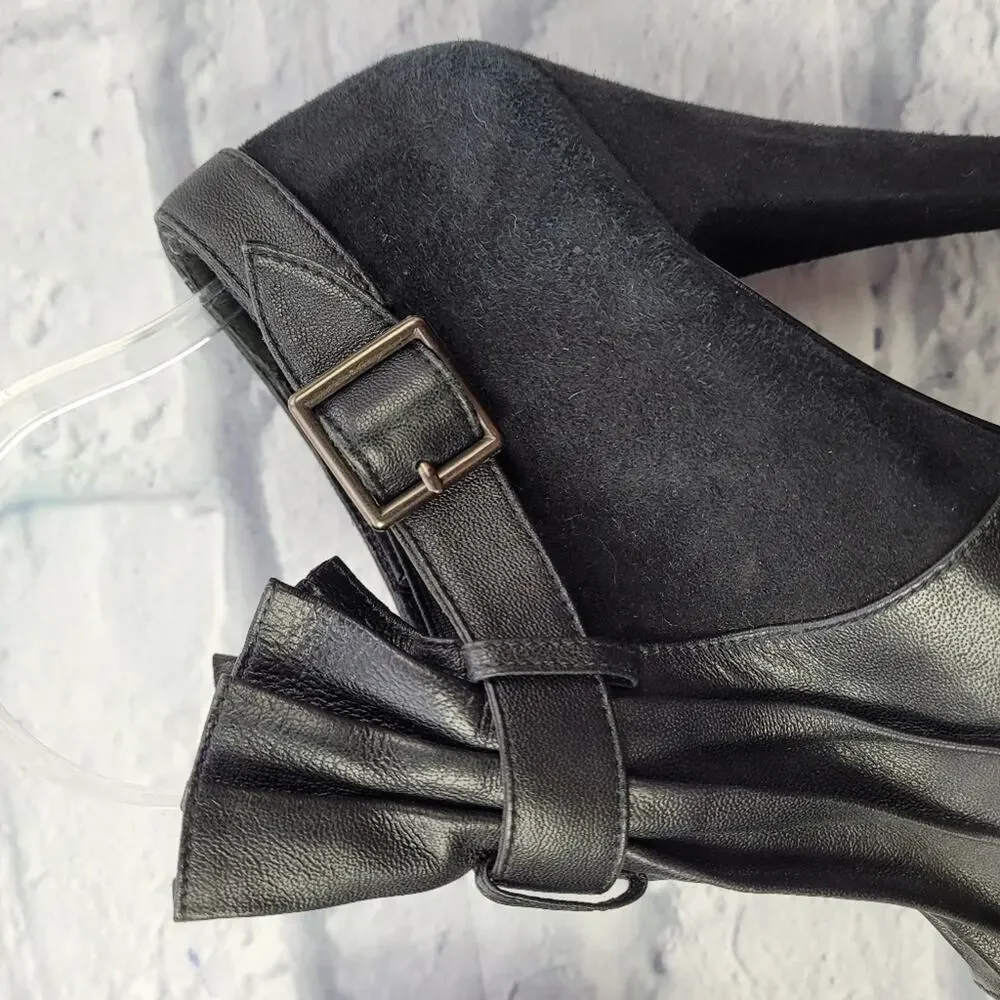 Jenni Kayne Black Suede & Leather Pleated Ankle Peep Toe Boots size 38